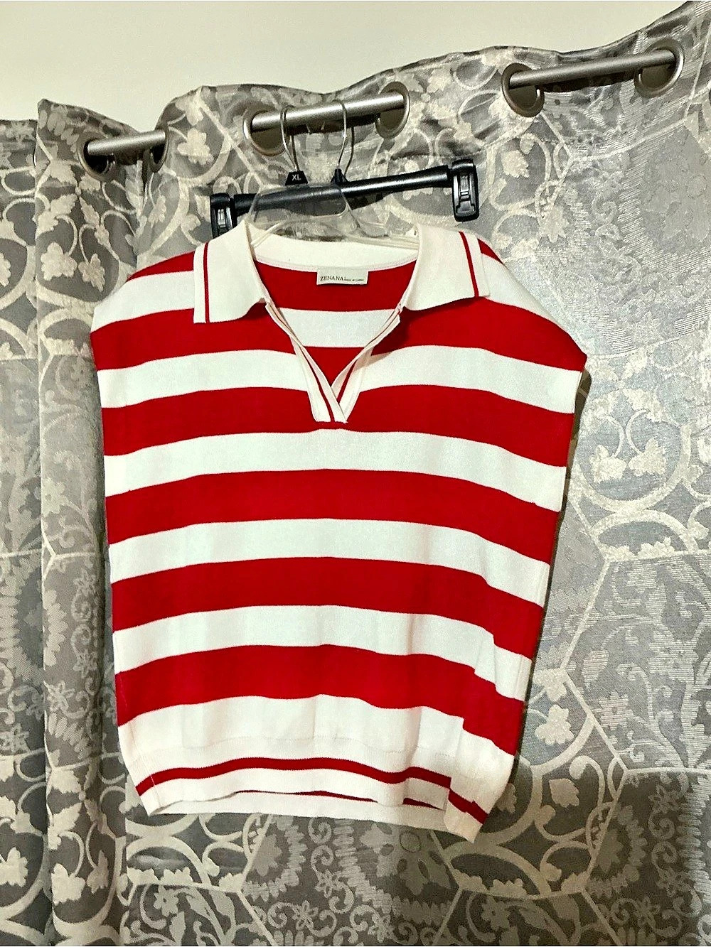 ZENANA Striped Polo Top in Red & White